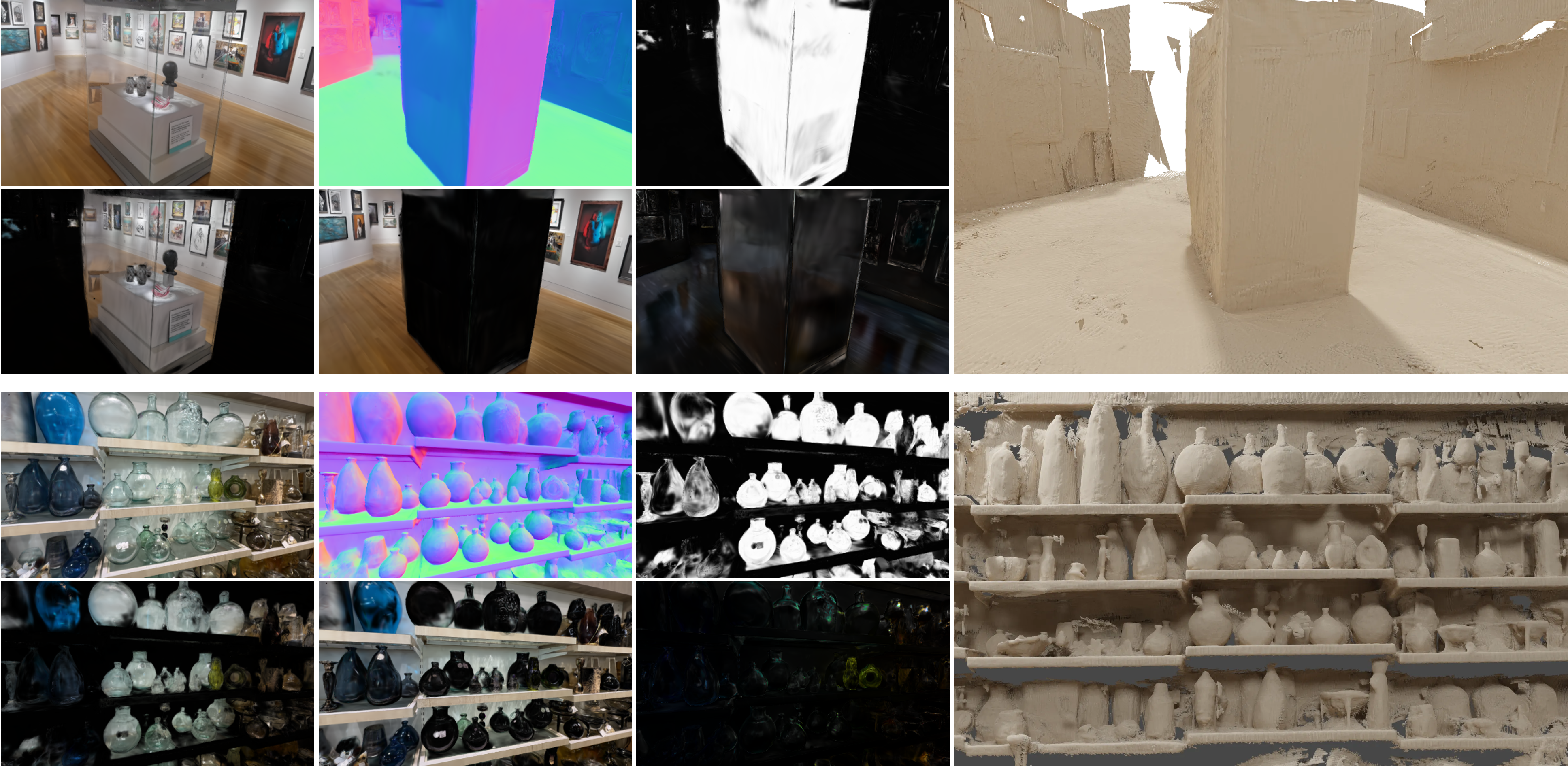 GLINT teaser showing rendered image, normal map, transparency map, decomposed radiance components, and reconstructed mesh.